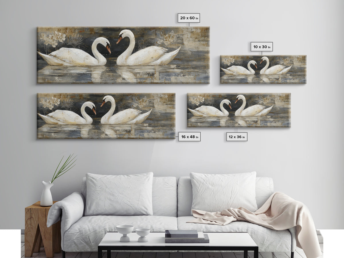Romantic Swan Pair on Dark Water Framed Canvas Print, Master Bedroom, Statement Artwork, Bedroom Decor, Fine Art, Sanctuary, MAS-3x1-7
