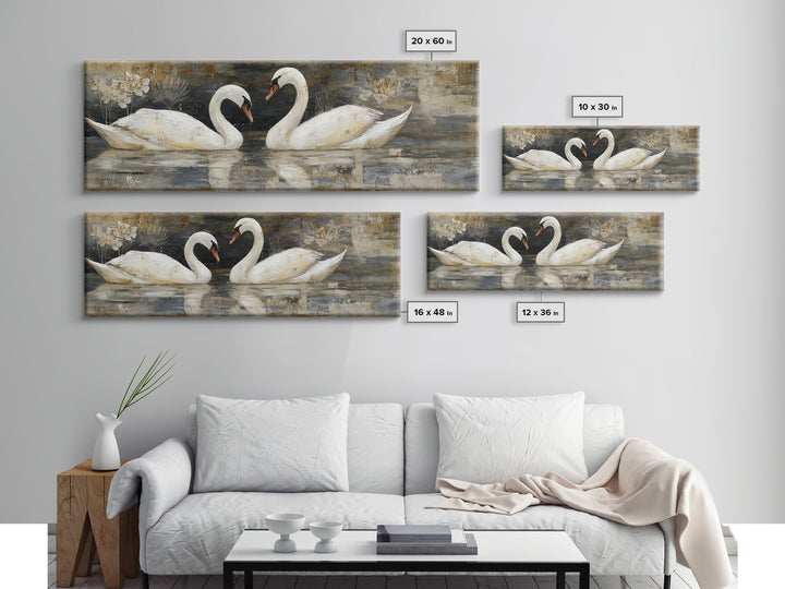 Romantic Swan Pair on Dark Water Framed Canvas Print, Master Bedroom, Statement Artwork, Bedroom Decor, Fine Art, Sanctuary, MAS-3x1-7