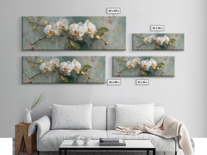 White Orchids Against Warm Gray Background Framed Canvas Print, Master Bedroom, Neutral Decor, Bedroom Decor, Sanctuary, MAS-3x1-73