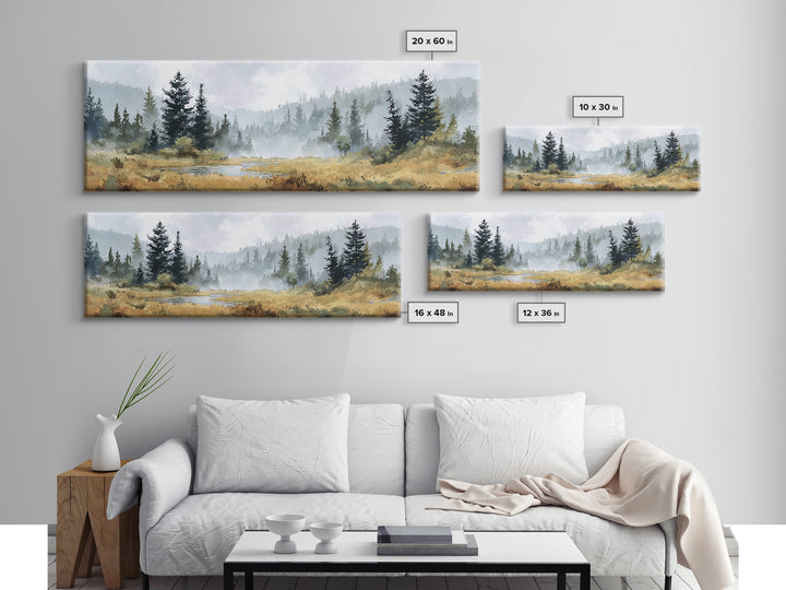 Calm Misty Forest Panorama Canvas Print, Master Bedroom, Wedding Decor, Bedroom Decor, Fine Art, Sanctuary, Rustic Home Decor, MAS-3x1-92