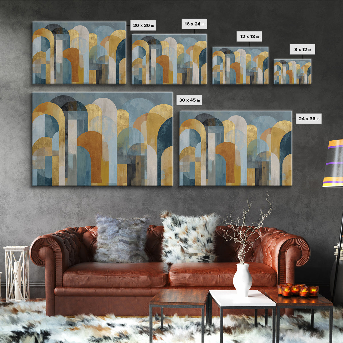Gold Accented Abstract Arches Framed Canvas Print, Master Bedroom, Vinyl Wall Decal, Bedroom Decor, Abstract Art, Sanctuary, MAS-3x2-36