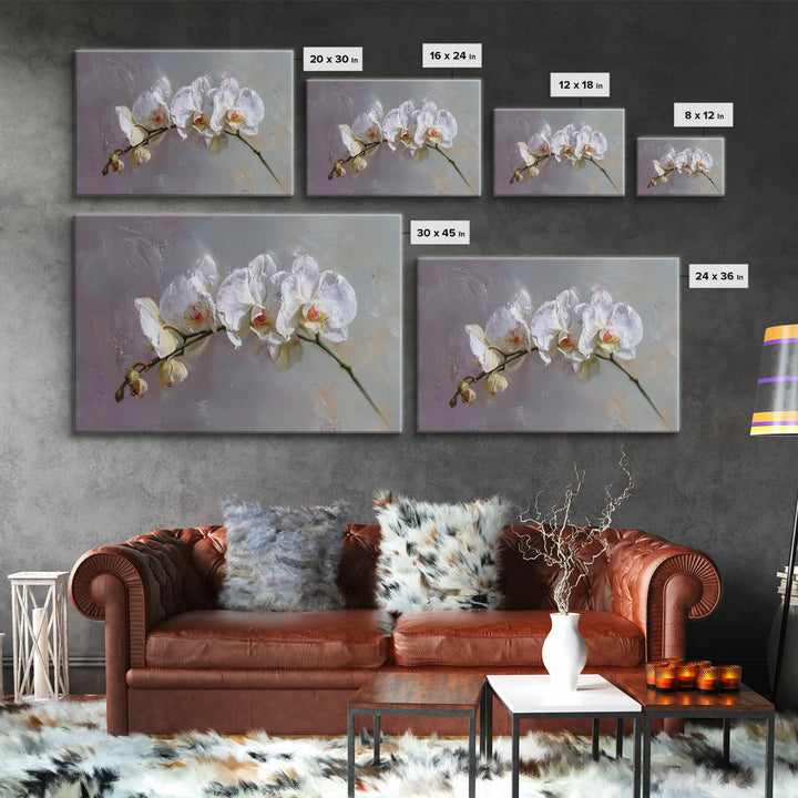 White Orchids Against Warm Gray Background Canvas Print, Master Bedroom, Over Bed Wall Art, Bedroom Decor, Oil Painting, MAS-3x2-37
