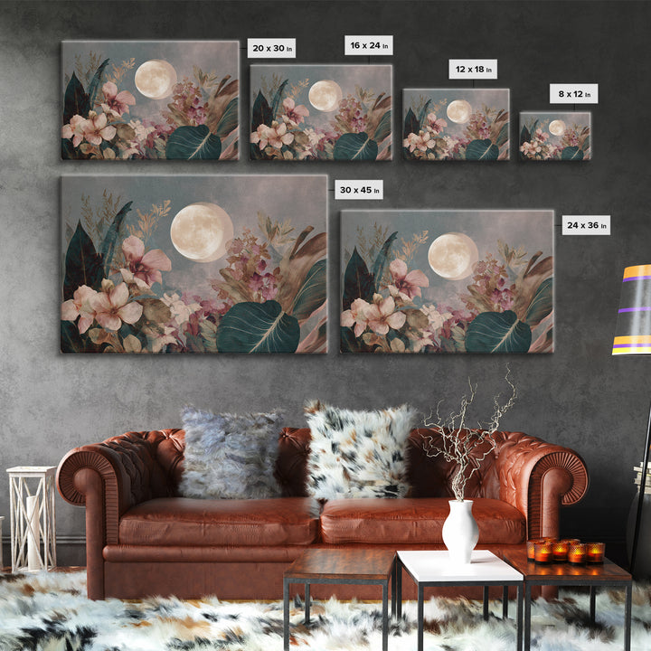 Dreamy Celestial Moon and Botanical Composition Canvas Print, Master Bedroom, Contemporary Art, Bedroom Decor, Sanctuary, MAS-3x2-39