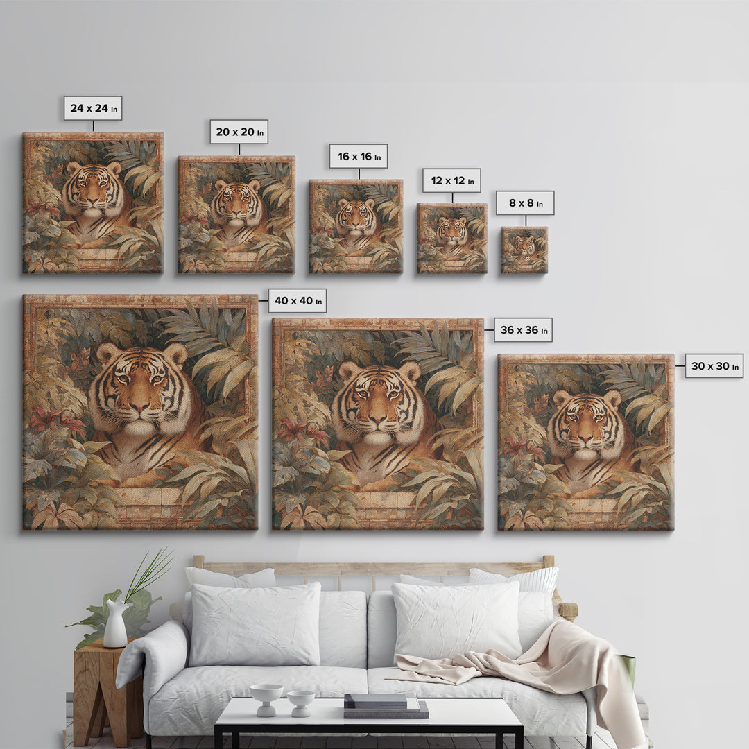 Bold Patterned Tiger Surrounded by Tropical Leaves Canvas Print, Maximalist Art, Moody Wall Art, Living Room Decor, Maximal, MAX-1x1-26