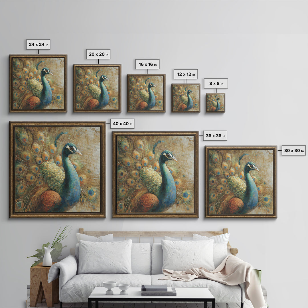 Dramatic Peacock with Oversized Feather Pattern Framed Canvas Print, Maximalist Art, Gallery Decor, Living Room Decor, Maximal, MAX-1x1-32