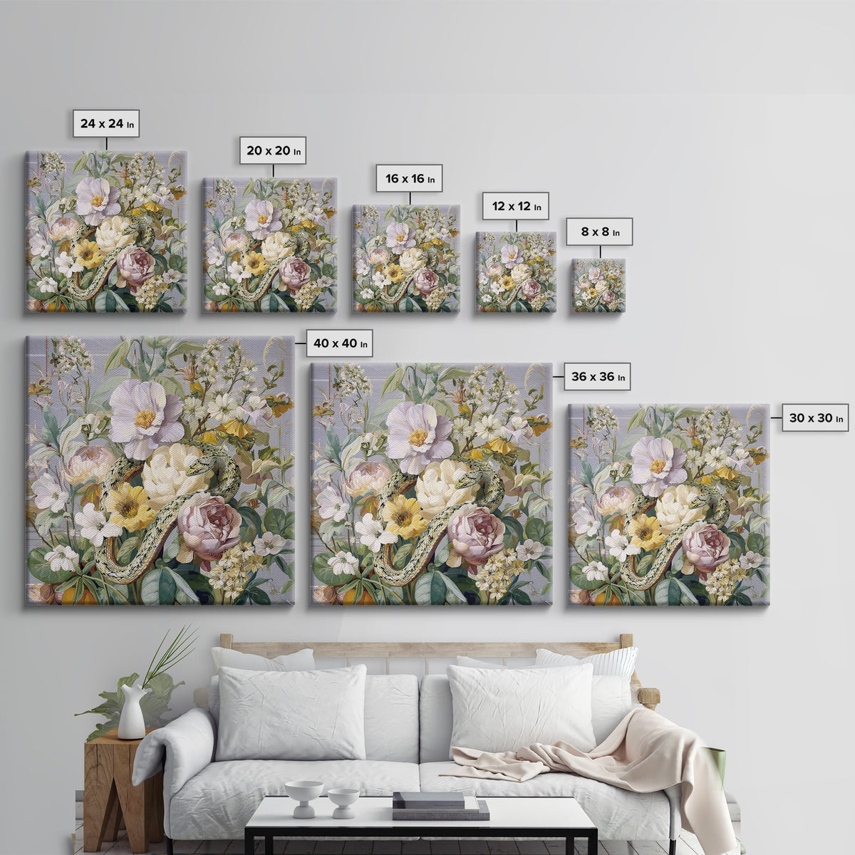 Highly Patterned Snake and Flower Composition Framed Canvas Print, Maximalist Art, Boho Decor, Living Room Decor, Maximal, MAX-1x1-61