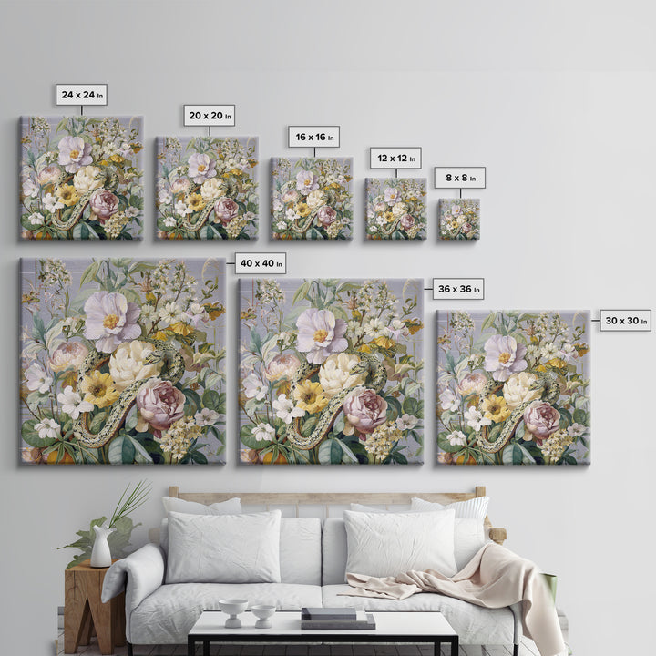 Highly Patterned Snake and Flower Composition Framed Canvas Print, Maximalist Art, Boho Decor, Living Room Decor, Maximal, MAX-1x1-61