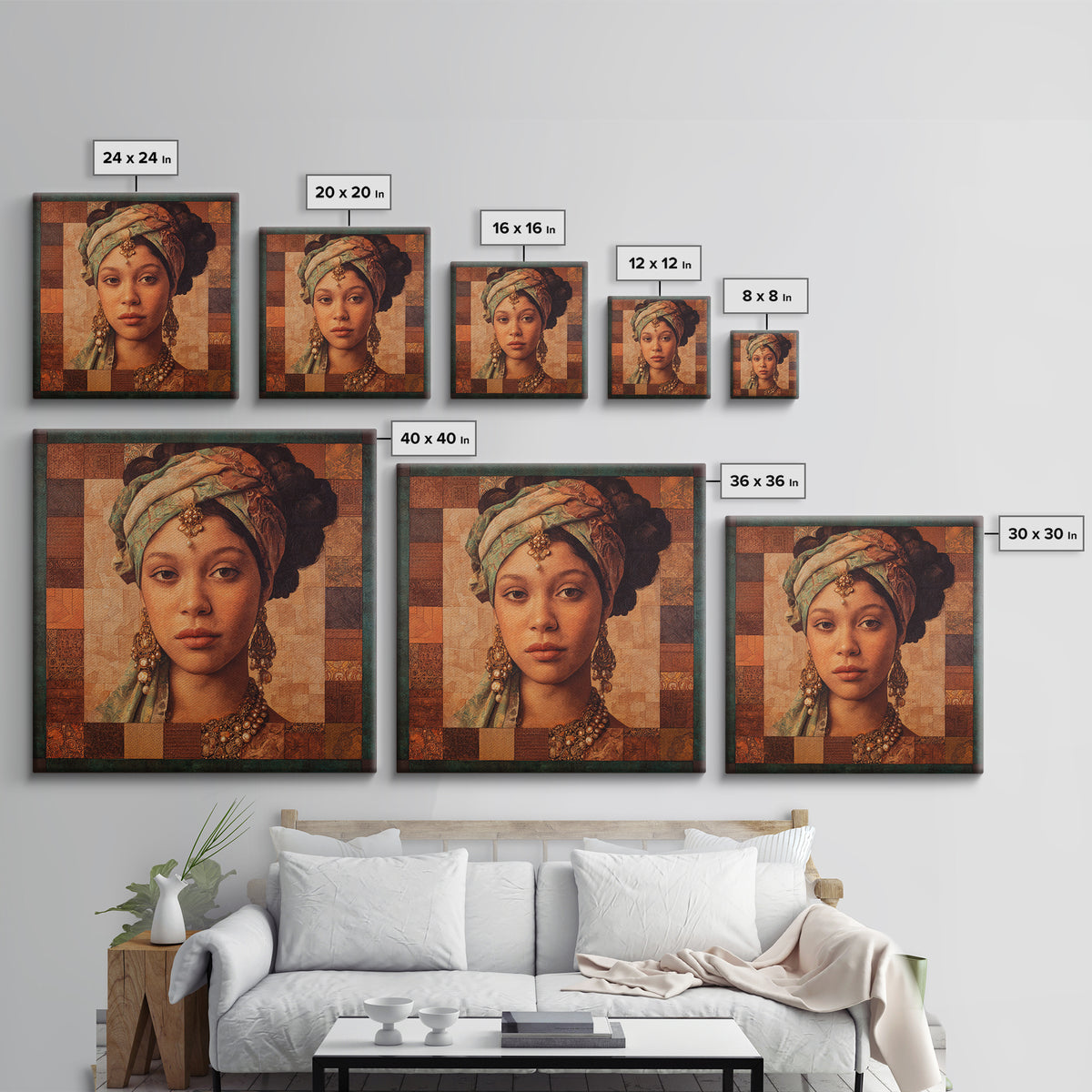 Ornate Portrait with Layered Textiles and Jewels Canvas Print, Maximalist Art, Retro Wall Art, Living Room Decor, Oil Painting, MAX-1x1-76