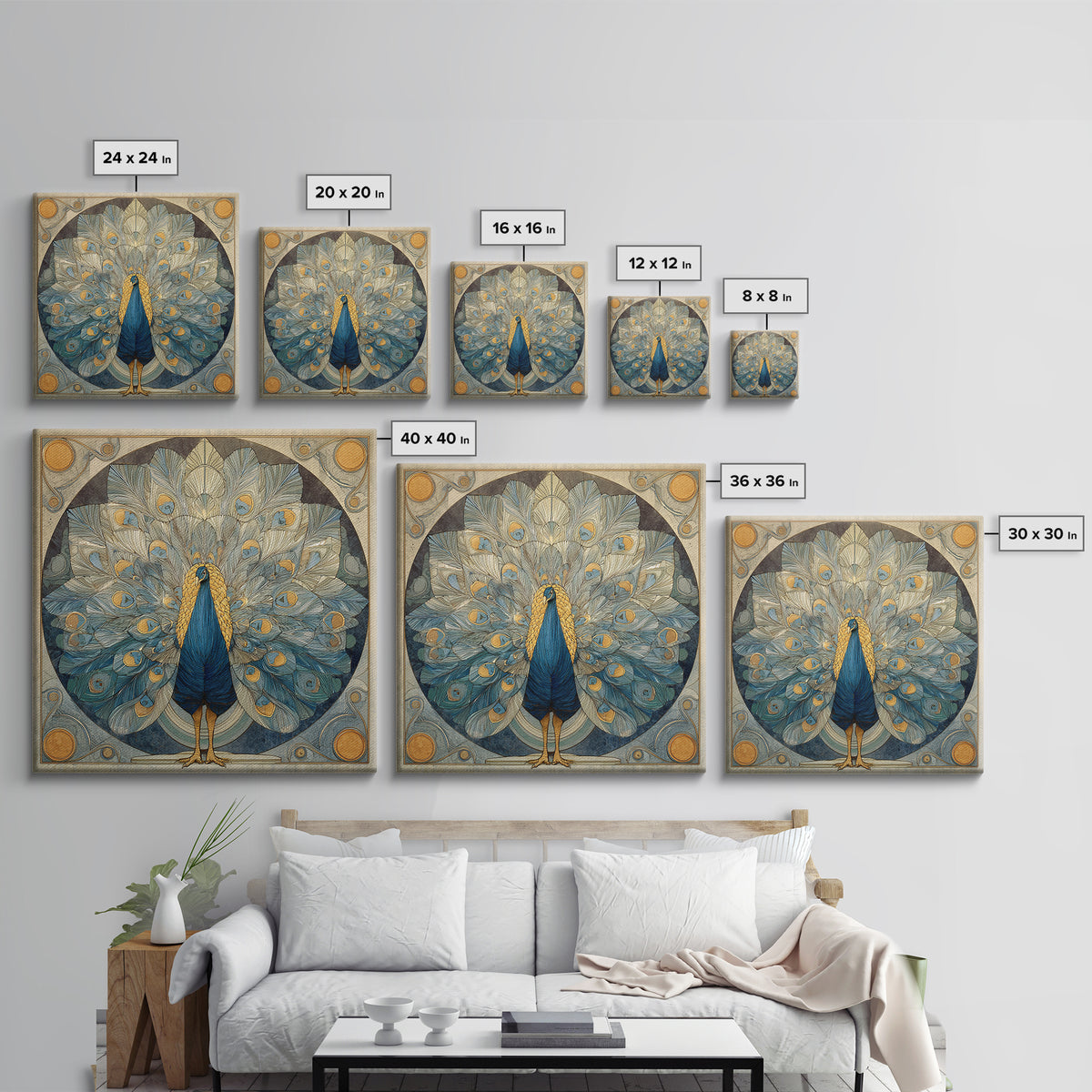 Dramatic Peacock with Oversized Feather Pattern Canvas Print, Maximalist Art, Original Painting, Living Room Decor, Maximal, MAX-1x1-8