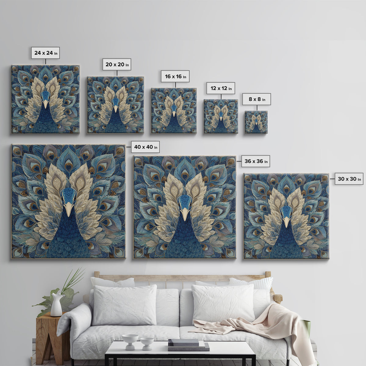 Dramatic Peacock with Oversized Feather Pattern Canvas Print, Maximalist Art, Fine Art Print, Living Room Decor, Maximal, MAX-1x1-80