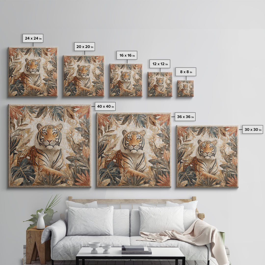 Bold Patterned Tiger Surrounded by Tropical Leaves Canvas Print, Maximalist Art, Textured Painting, Living Room Decor, Maximal, MAX-1x1-98