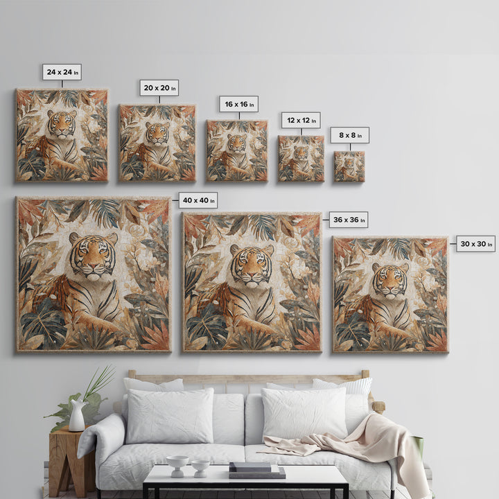 Bold Patterned Tiger Surrounded by Tropical Leaves Canvas Print, Maximalist Art, Textured Painting, Living Room Decor, Maximal, MAX-1x1-98