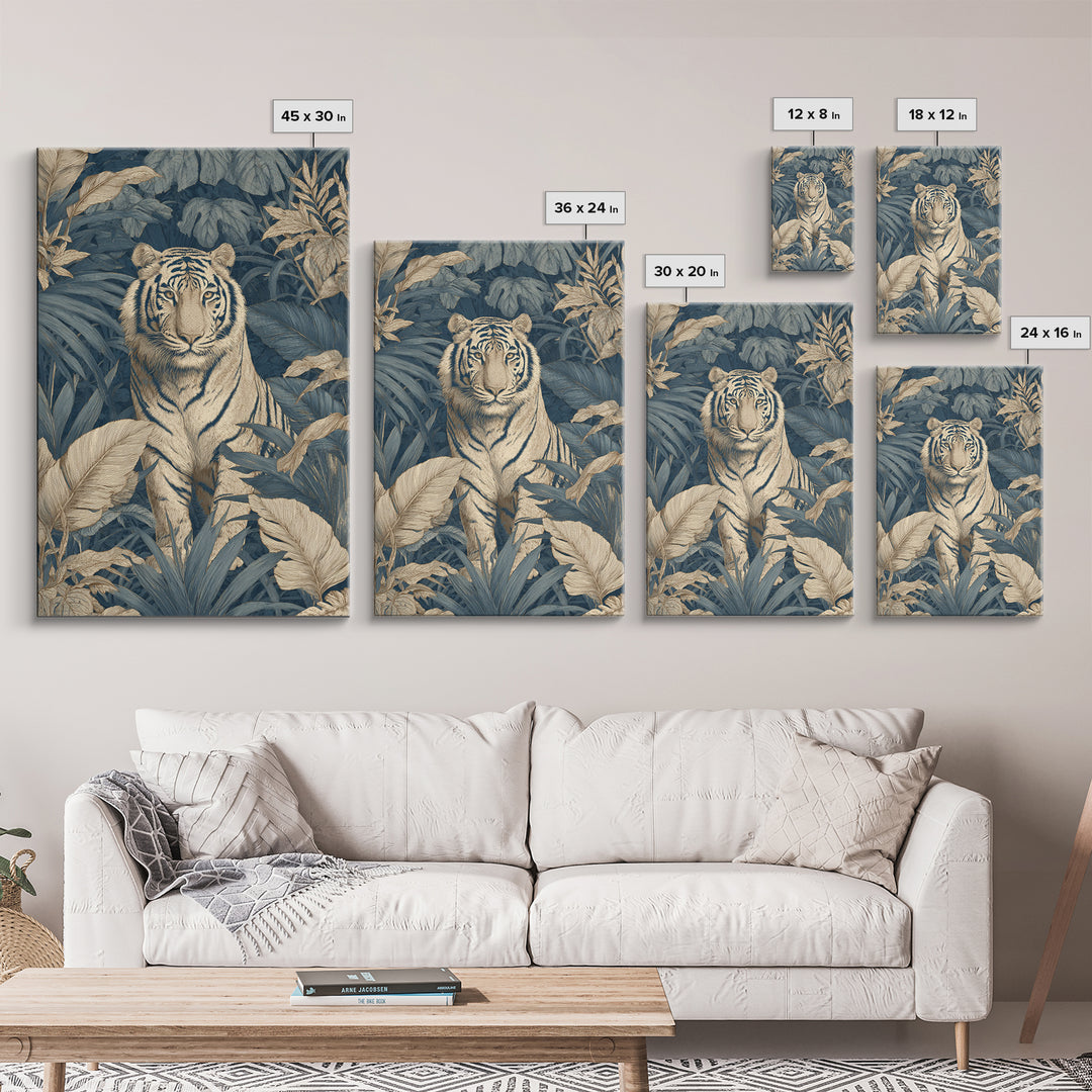 Bold Patterned Tiger Surrounded by Tropical Leaves Framed Canvas Print, Maximalist Art, Art Print, Living Room Decor, Maximal, MAX-2x3-34