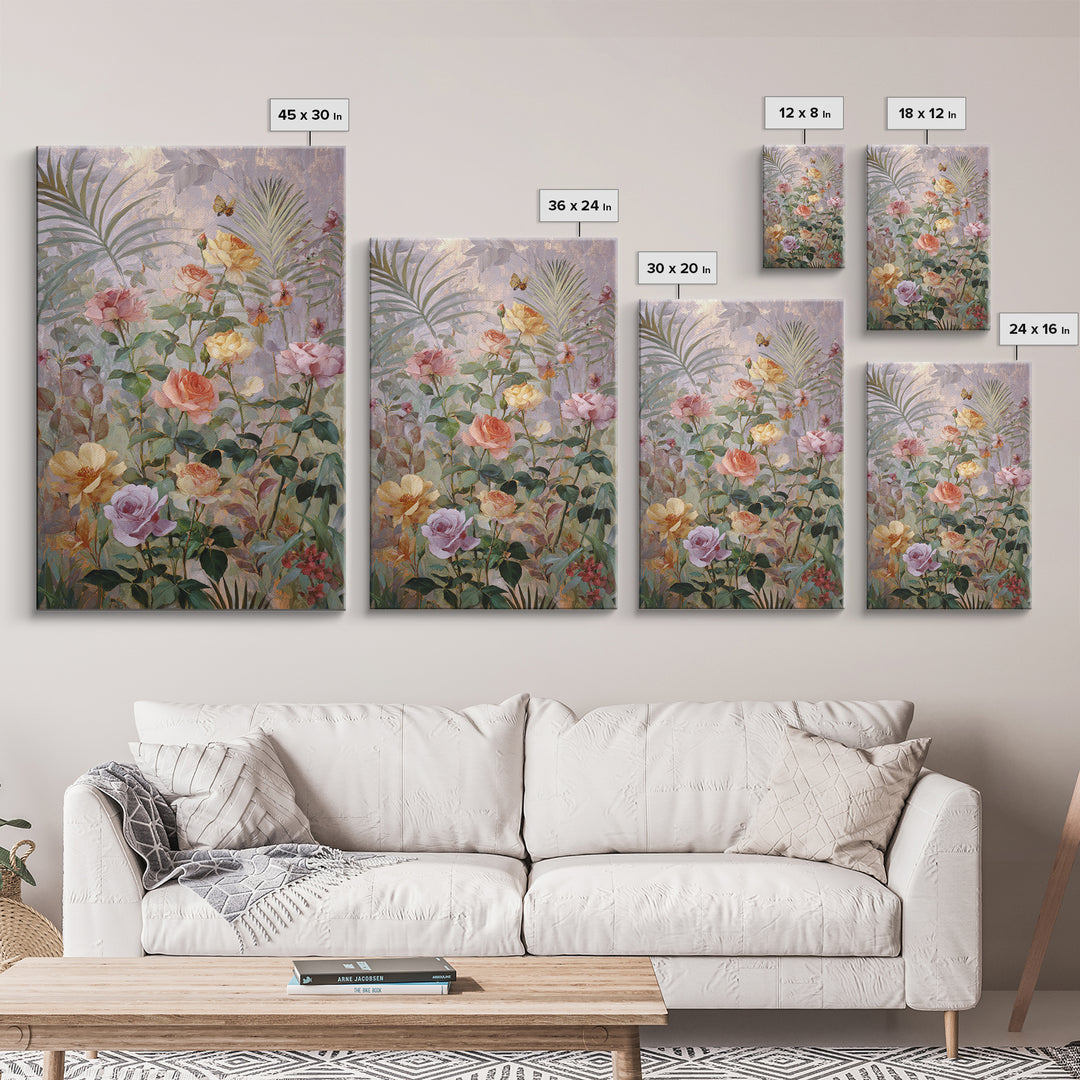 Lush Garden Wall of Roses Palms and Framed Canvas Print, Maximalist Art, Wall Decor, Living Room Decor, Fine Art, Maximal, MAX-2x3-46