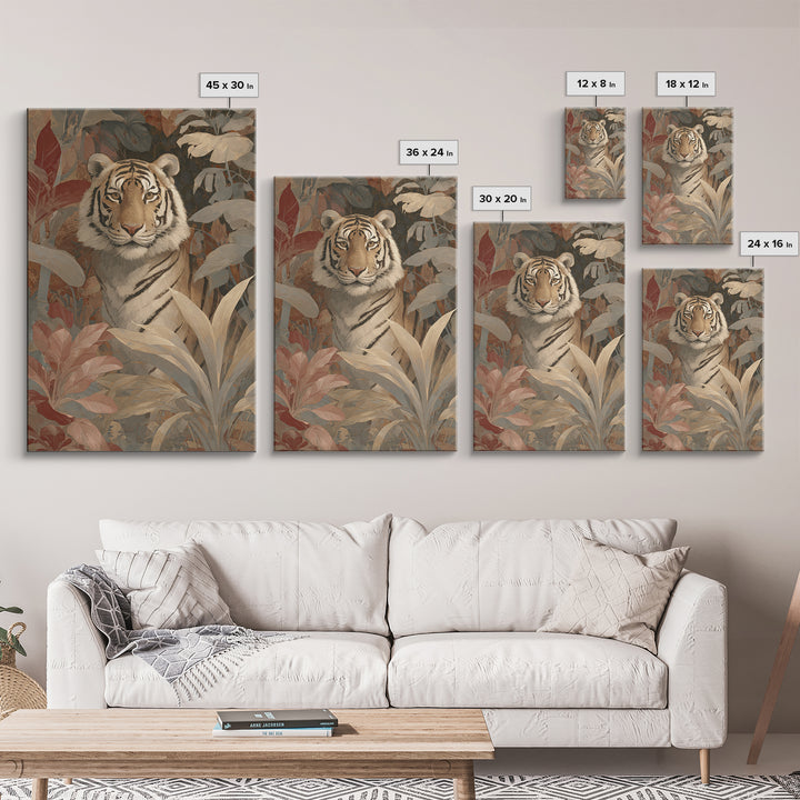 Bold Patterned Tiger Surrounded by Tropical Leaves Canvas Print, Maximalist Art, Art Nouveau, Living Room Decor, Maximal, MAX-2x3-58