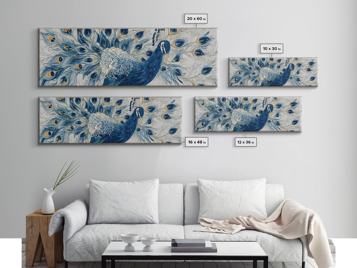 Dramatic Peacock with Oversized Feather Pattern Canvas Print, Maximalist Art, Moody Wall Art, Living Room Decor, Maximal, MAX-3x1-24