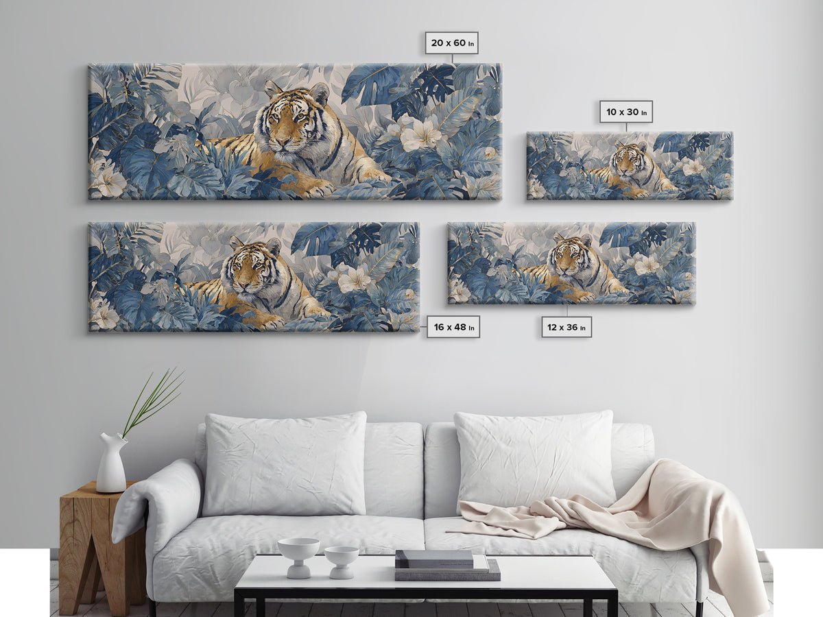 Bold Patterned Tiger Surrounded by Tropical Leaves Canvas Print, Maximalist Art, Playroom Decor, Living Room Decor, Maximal, MAX-3x1-90