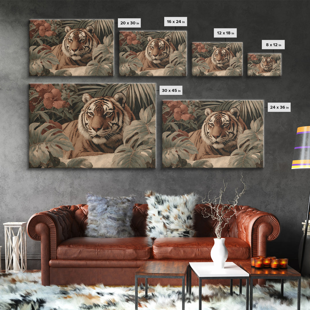 Bold Patterned Tiger Surrounded by Tropical Leaves Canvas Print, Maximalist Art, Modern Wall Art, Living Room Decor, Maximal, MAX-3x2-30