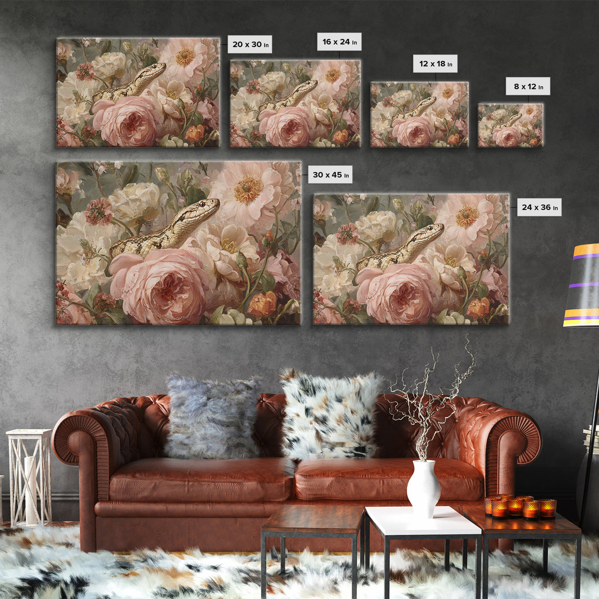 Highly Patterned Snake and Flower Composition Framed Canvas Print, Maximalist Art, Trendy Wall Art, Living Room Decor, Maximal, MAX-3x2-41