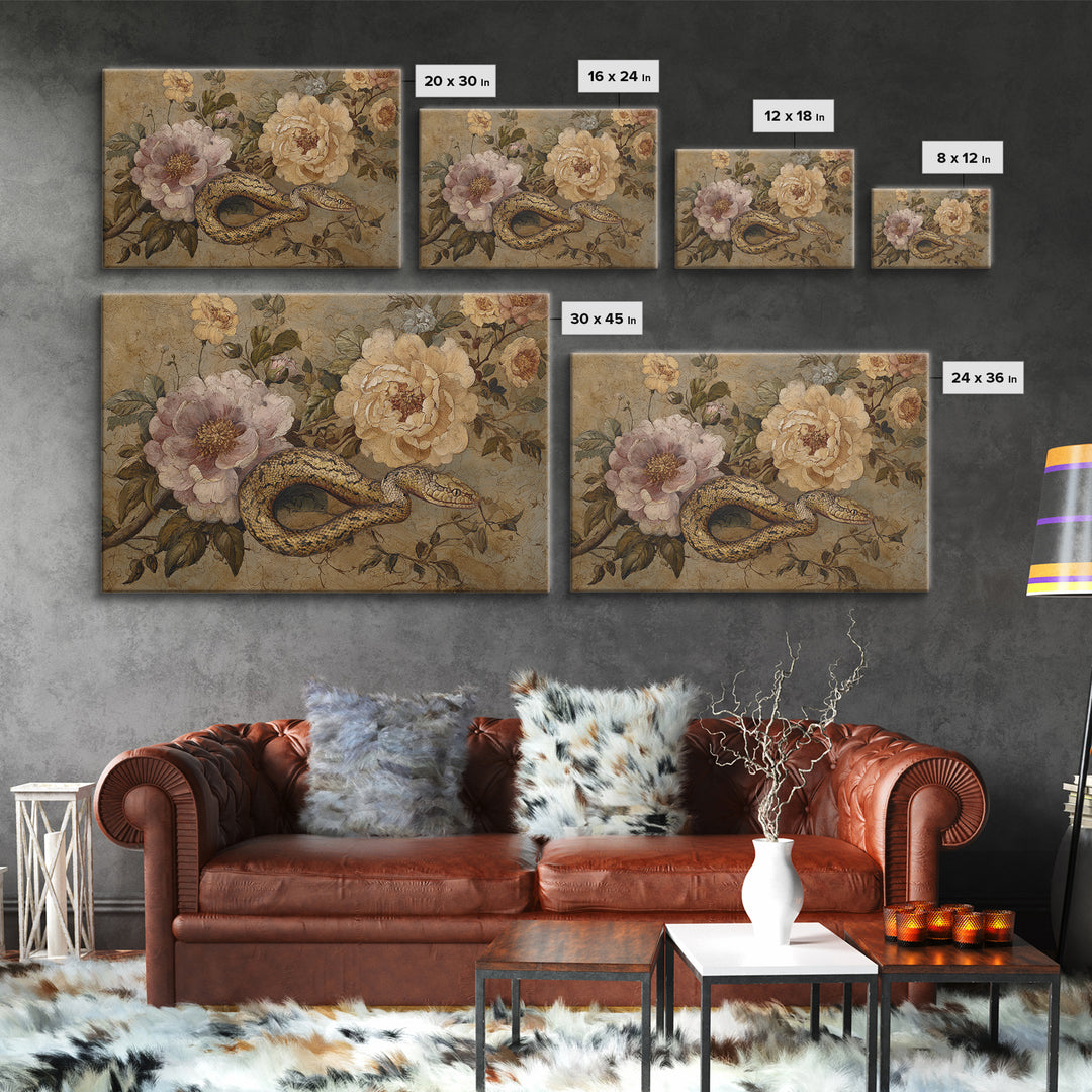 Highly Patterned Snake and Flower Composition Framed Canvas Print, Maximalist Art, Trendy Wall Art, Living Room Decor, Maximal, MAX-3x2-65