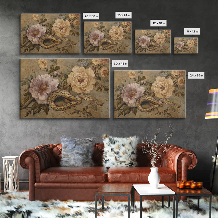 Highly Patterned Snake and Flower Composition Framed Canvas Print, Maximalist Art, Trendy Wall Art, Living Room Decor, Maximal, MAX-3x2-65