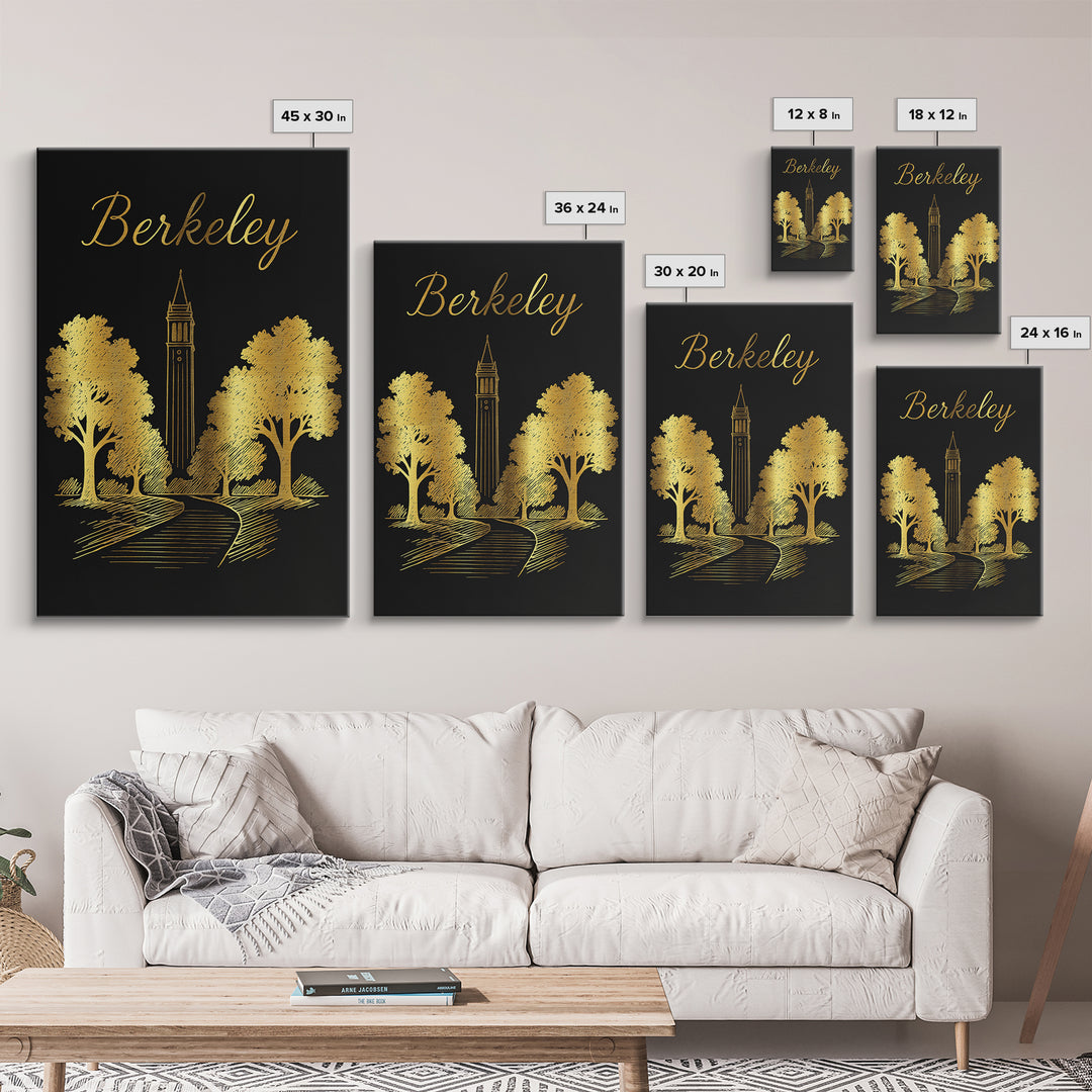 Berkeley Travel Poster, Framed Canvas Print, Minimalist Gold Line Art, Berkeley Wall Art, Watercolor Skyline, Living Room Wall Art
