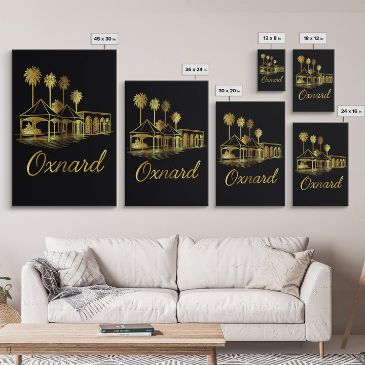 Oxnard California Travel Poster, Framed Canvas Print, Minimalist Gold Line Art, Oxnard Art Print, City Travel Prints, Eclectic Wall Decor