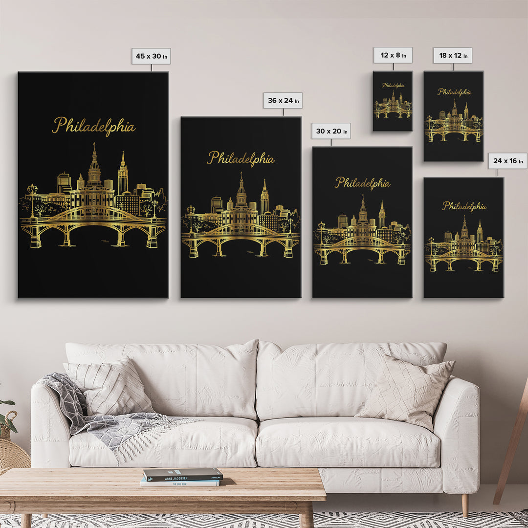 Philadelphia Pennsylvania Travel Poster, Canvas Print, Gold Outline Poster Art, Philadelphia Wall Art, Watercolor Skyline, City Illustration