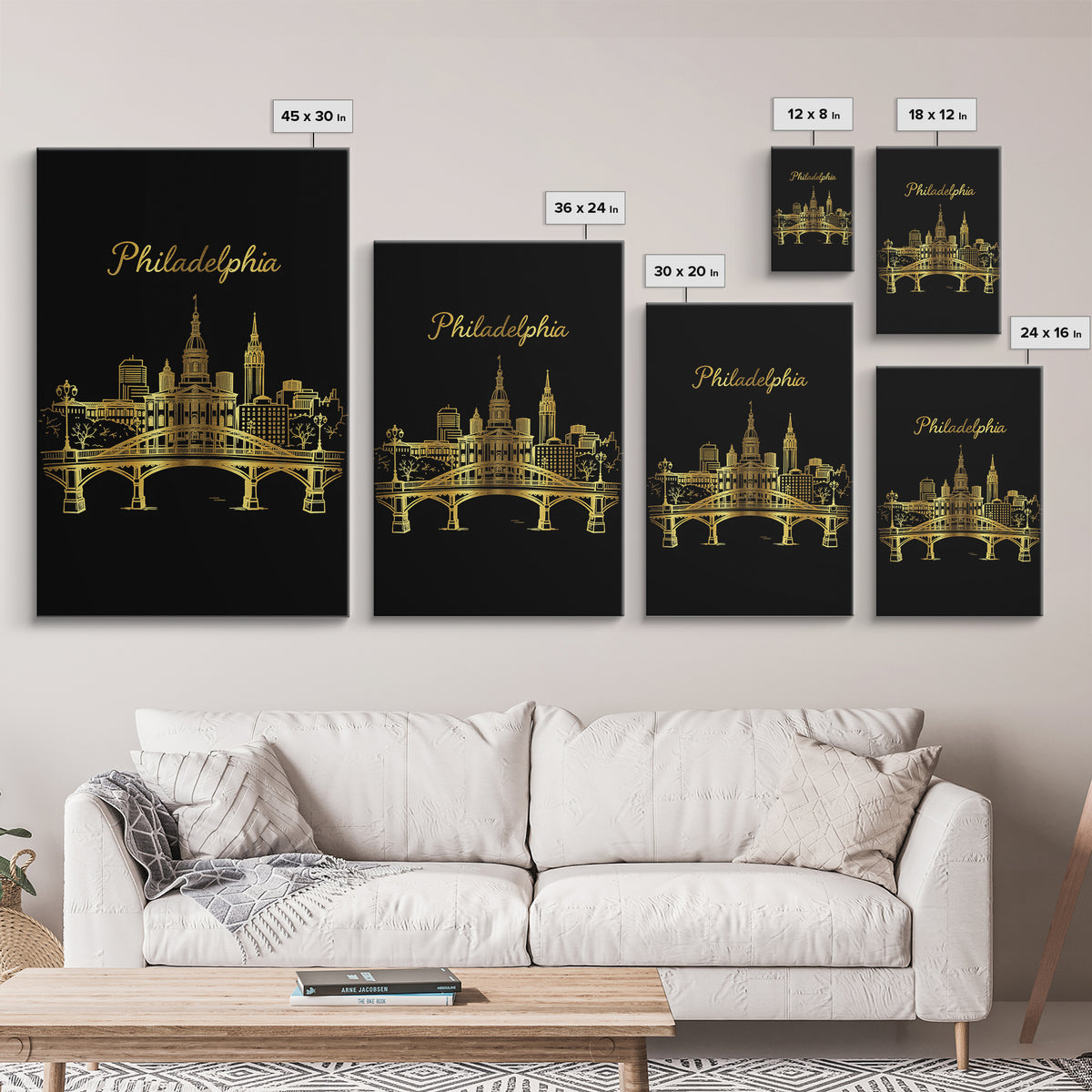Philadelphia Pennsylvania Travel Poster, Canvas Print, Gold Outline Poster Art, Philadelphia Wall Art, Watercolor Skyline, City Illustration