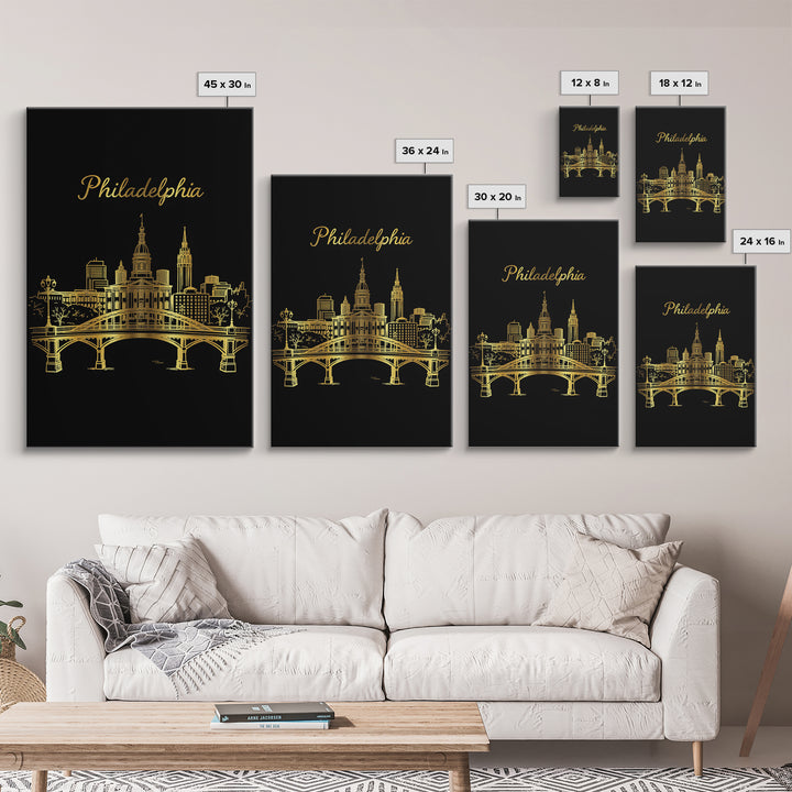 Philadelphia Pennsylvania Travel Poster, Canvas Print, Gold Outline Poster Art, Philadelphia Wall Art, Watercolor Skyline, City Illustration