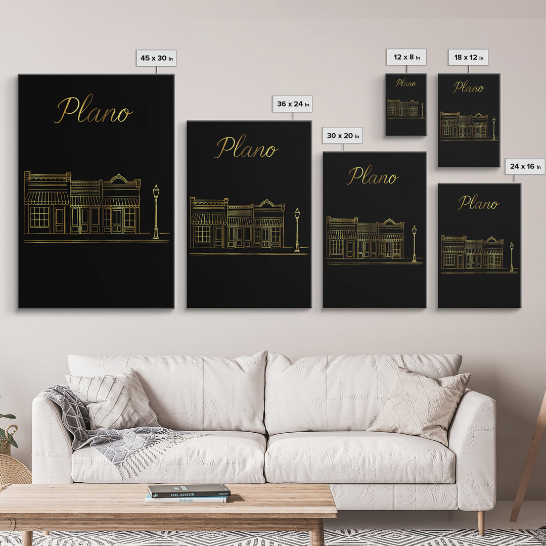 Plano Travel Poster, Canvas Print, Minimalist Gold Line Art, Plano City Art, Gift For Travelers, Wanderlust Decor, Travel Poster Set