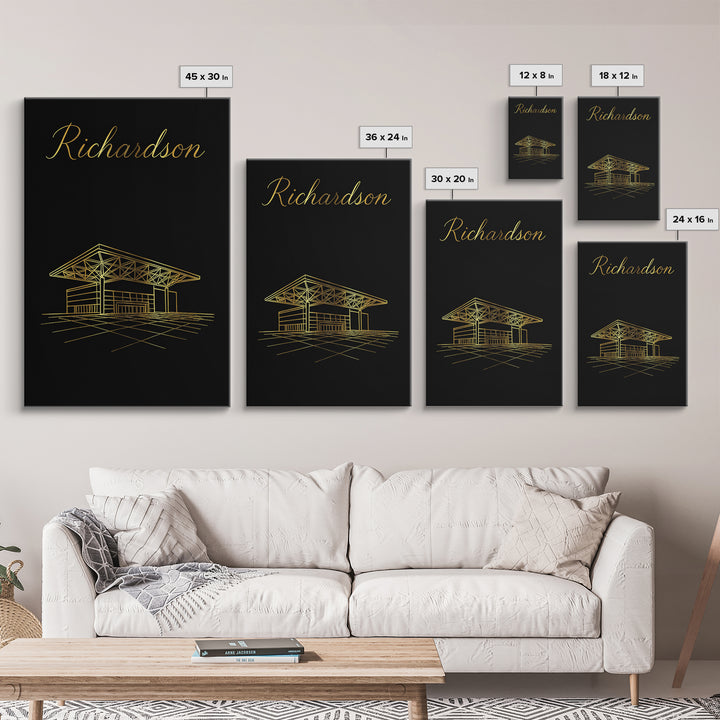Richardson Texas Travel Poster, Framed Canvas Print, Gold Outline Poster Art, Richardson Art Print, City Illustration, Fine Art Print