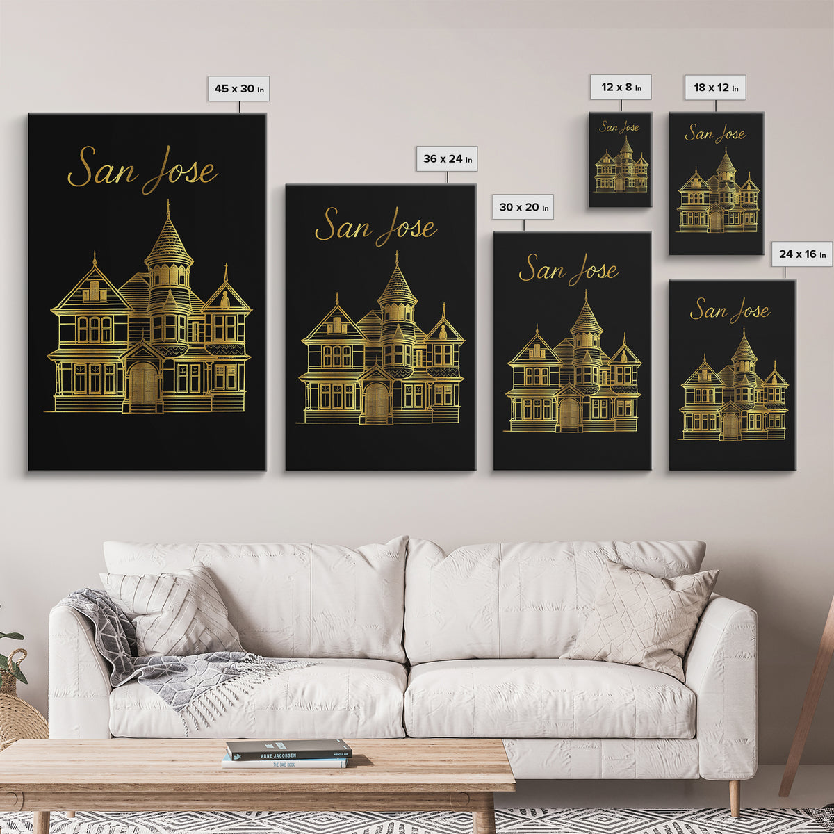 San Jose California Travel Poster, Canvas Print, Black Gold Minimalist Art, San Jose Print, Travel Art Print, Wanderlust Decor, Wall Art