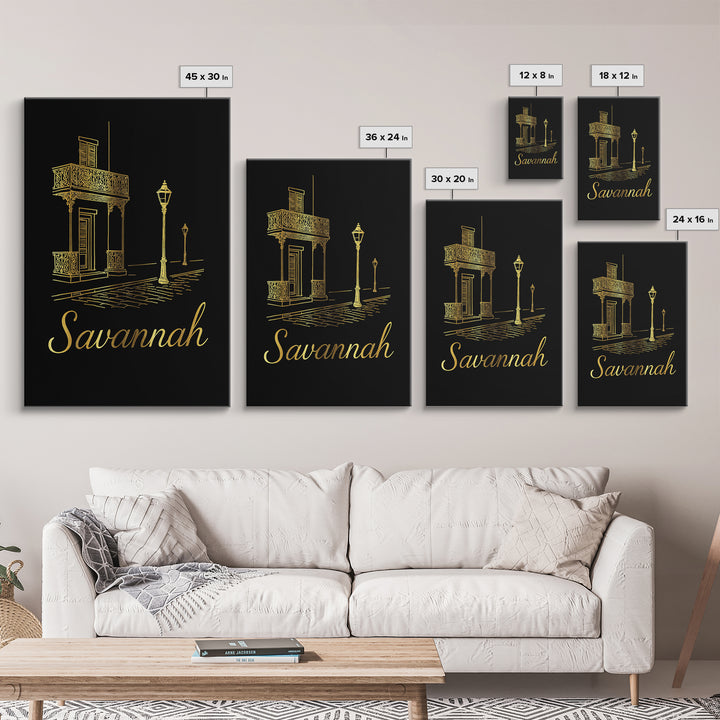 Savannah Travel Poster, Framed Canvas Print, Minimalist Gold Line Art, Savannah Travel Art, Mid Century Wall Art, Living Room Wall Art