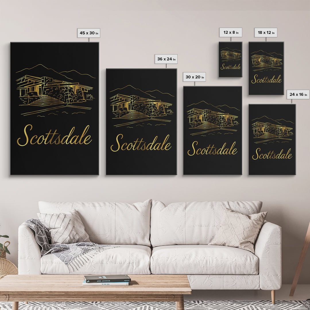 Scottsdale Arizona Travel Poster, Canvas Print, Black Gold Minimalist Art, Scottsdale Art Print, Mid Century Wall Art, Wanderlust Decor