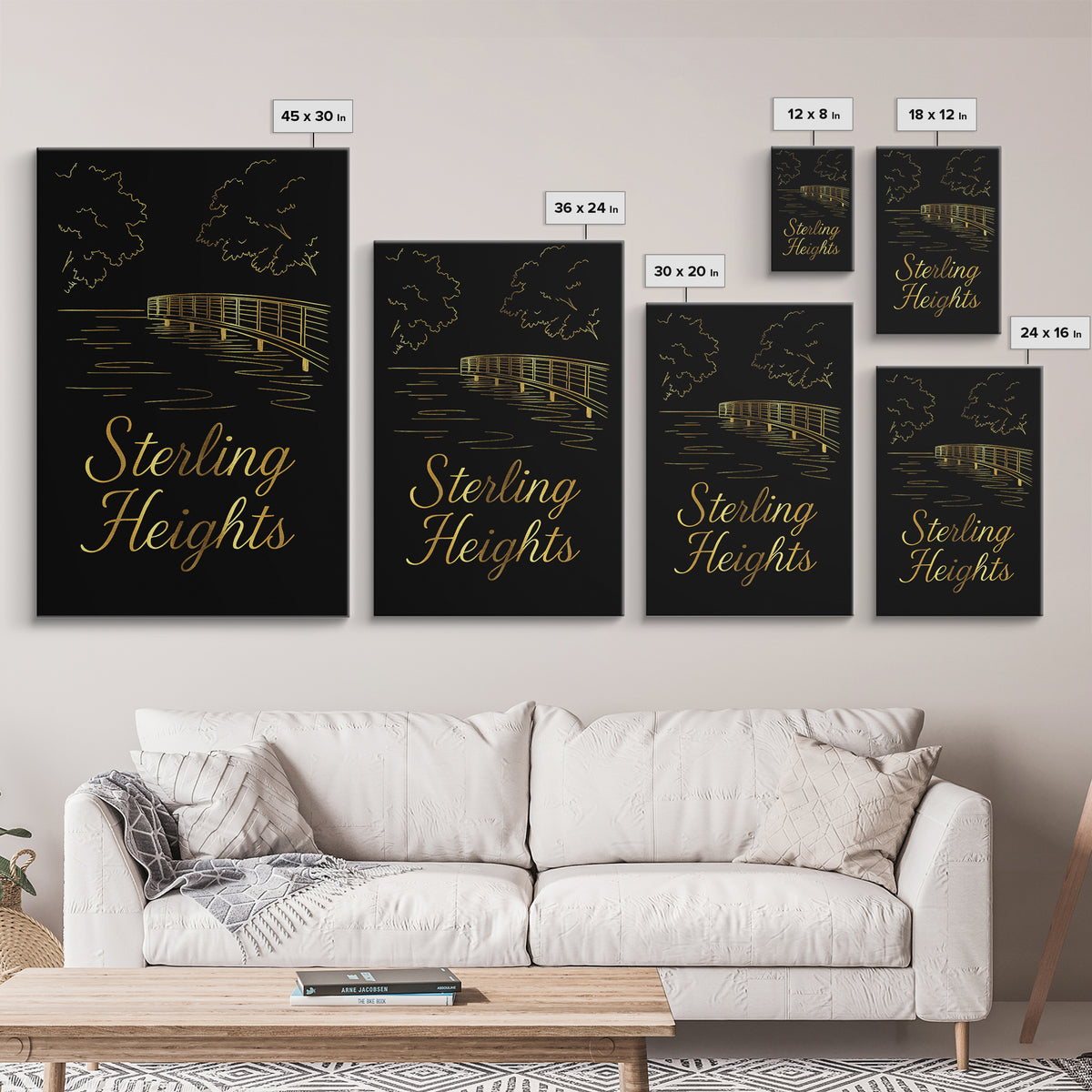Sterling Heights Travel Poster, Framed Canvas Print, Dark Minimalist Wall Art, Sterling Heights Art Print, Travel Wall Art, Landscape Art