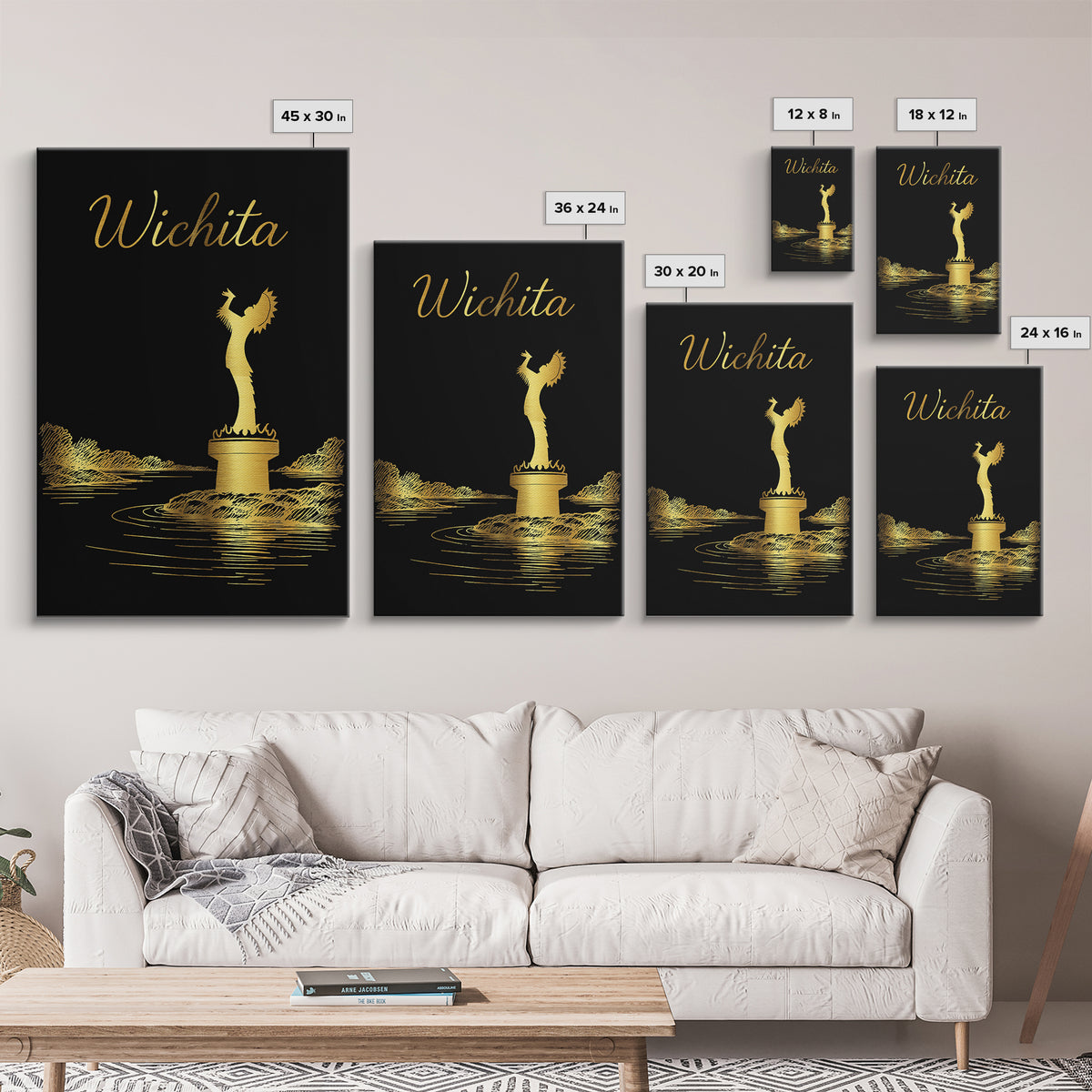 Wichita Kansas Travel Poster, Framed Canvas Print, Black Gold Minimalist Art, Wichita Poster Print, Travel Poster Set, Wanderlust Decor