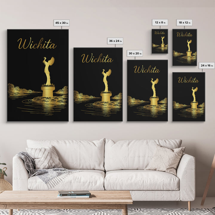 Wichita Kansas Travel Poster, Framed Canvas Print, Black Gold Minimalist Art, Wichita Poster Print, Travel Poster Set, Wanderlust Decor