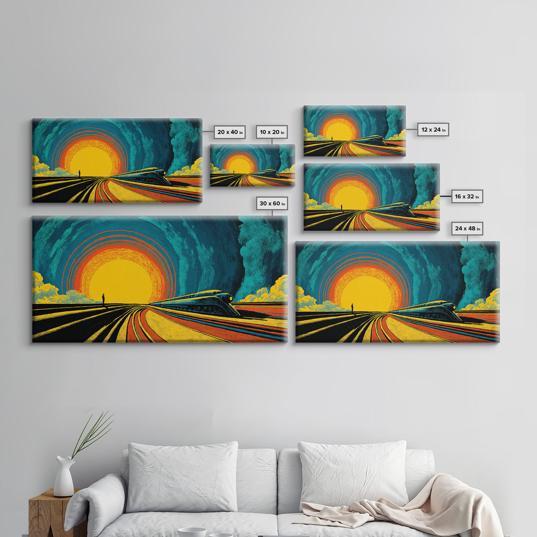 Futuristic Train Sunset Wall Art, Retro Sci Fi Railway Poster, Midcentury Modern Decor, MCM Wall Decor, Bold Orange Blue Print
