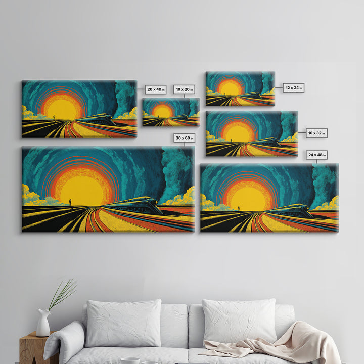 Futuristic Train Sunset Wall Art, Retro Sci Fi Railway Poster, Midcentury Modern Decor, MCM Wall Decor, Bold Orange Blue Print