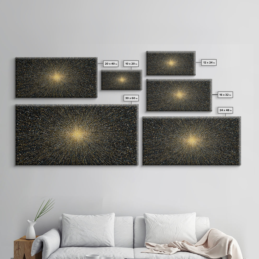 Golden Particle Explosion Wall Art, Radiant Starburst Abstract, Modern Art Print, Black Gold Space Poster, Office Decor Gift