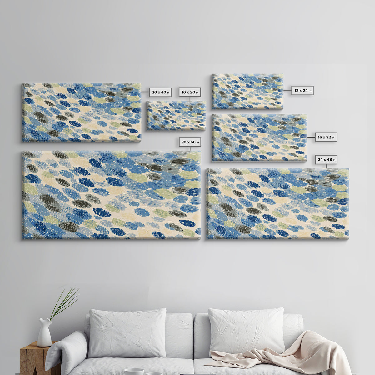 Blue Gray Brush Dot Abstract Wall Art, Midcentury Modern Art Print, Minimalist Retro Decor, Coastal Geometric Poster For Home