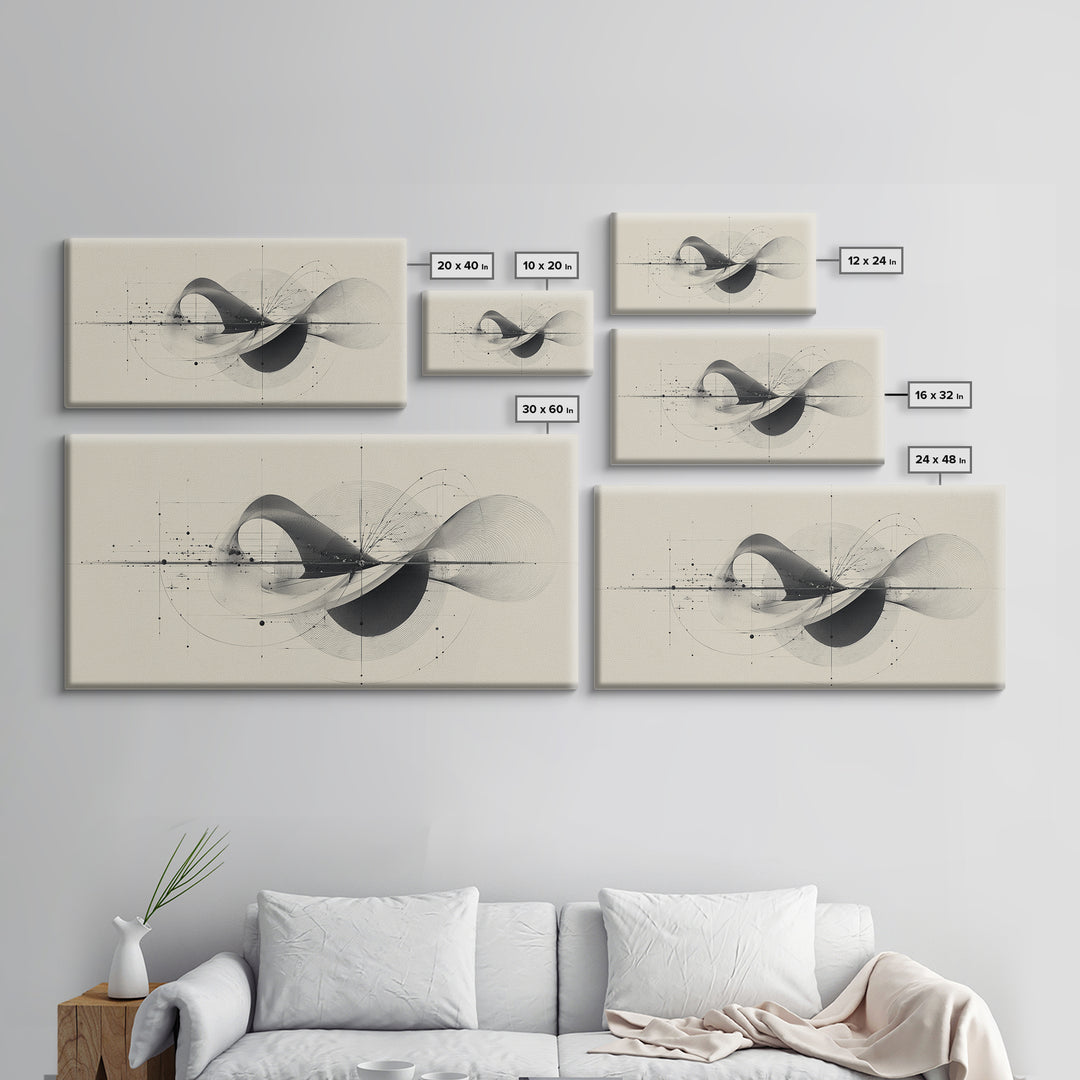 Beige Kinetic Wave Diagram Framed Canvas Print, Modern Abstract Wall Decor, Architectural Line Art Poster For Office Home