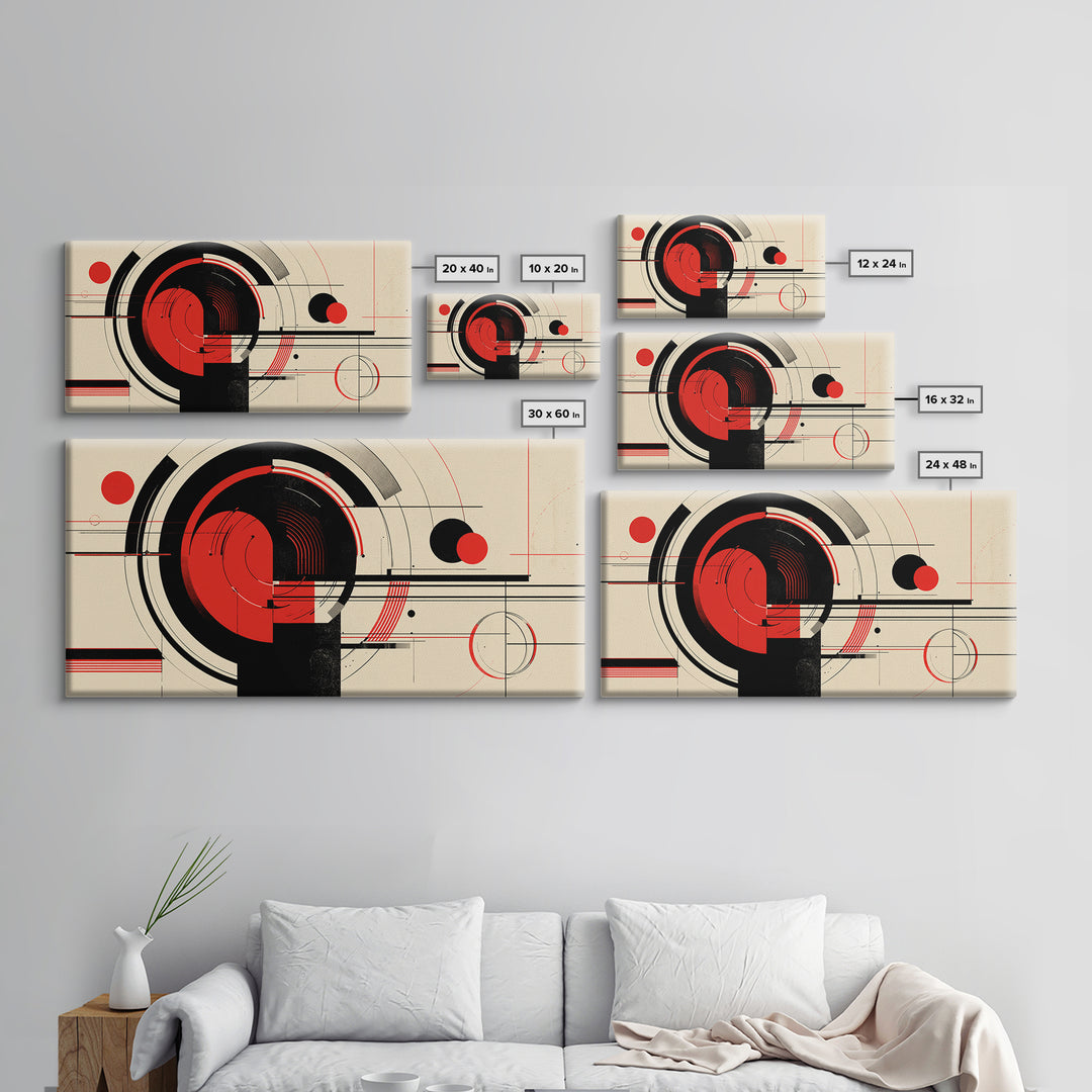 Red Black Circular Abstract Canvas Print, Mid Century Modern Wall Decor, Geometric Bauhaus Poster, Atomic Retro Artwork Print