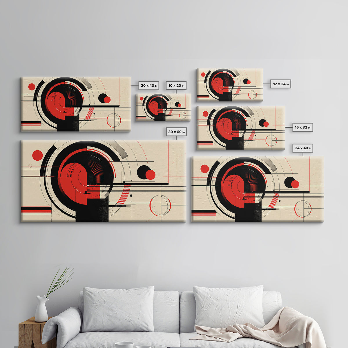 Red Black Circular Abstract Canvas Print, Mid Century Modern Wall Decor, Geometric Bauhaus Poster, Atomic Retro Artwork Print