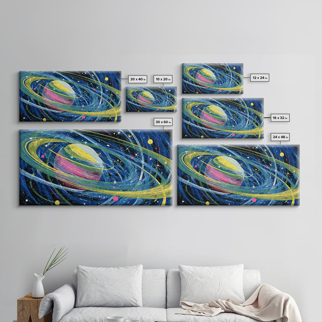 Colorful Ringed Planet Wall Art, Retro Sci Fi Space Poster, Cosmic Mid Century Modern Art Print, Kids Room Galaxy Decor Gift