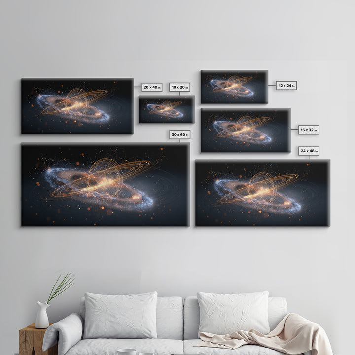 Golden Cosmic Galaxy Wall Art, Saturn Ring Space Abstract Poster, Modern Sci Fi Decor, Large Canvas Print For Home Office