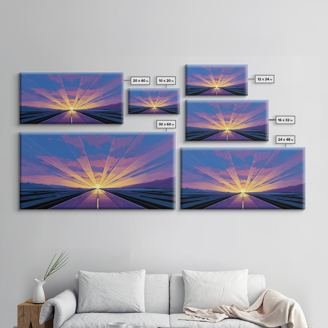 Radiant Road Sunset Canvas Print, Purple Blue Horizon Rays, Retro Travel Poster, Modern Wall Art, Midcentury Decor, Home Office Art