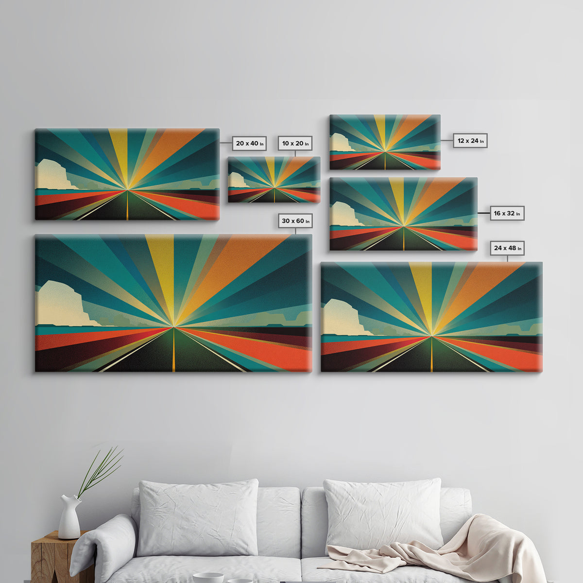 Retro Desert Highway Sunburst Wall Art, Teal Orange Perspective Landscape, Midcentury Modern Decor, Modern Art Print, MCM Wall Decor