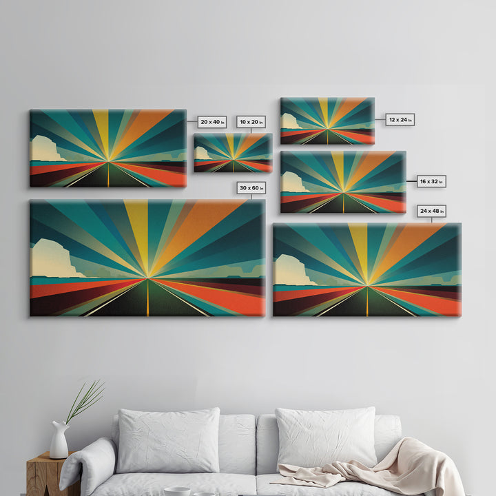Retro Desert Highway Sunburst Wall Art, Teal Orange Perspective Landscape, Midcentury Modern Decor, Modern Art Print, MCM Wall Decor